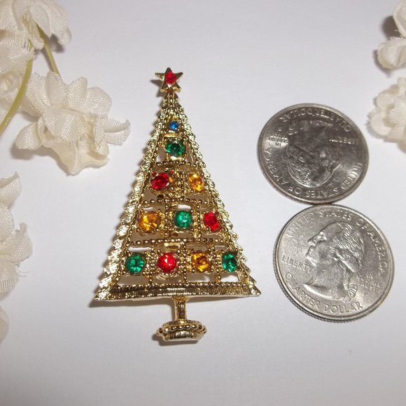 Vintage Christmas Tree Brooch Rhinestone Signed BJ Beatrix Gold Jewelry 6848 - Picture 3 of 8